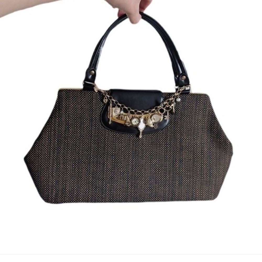 Dover Vintage 60s Polished Elegant Brown Canvas Woven Leather Satchel Bag
